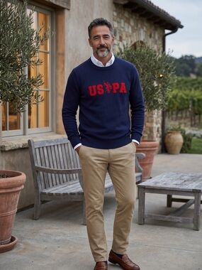 NWT U.S. Polo Assn. Men's Crewneck Sweater Navy Blue Size L Logo Knit